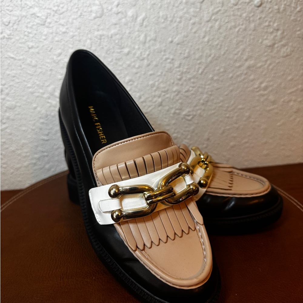 Marc Fisher Black and Beige Callisto Loafers with Gold Chain Detail